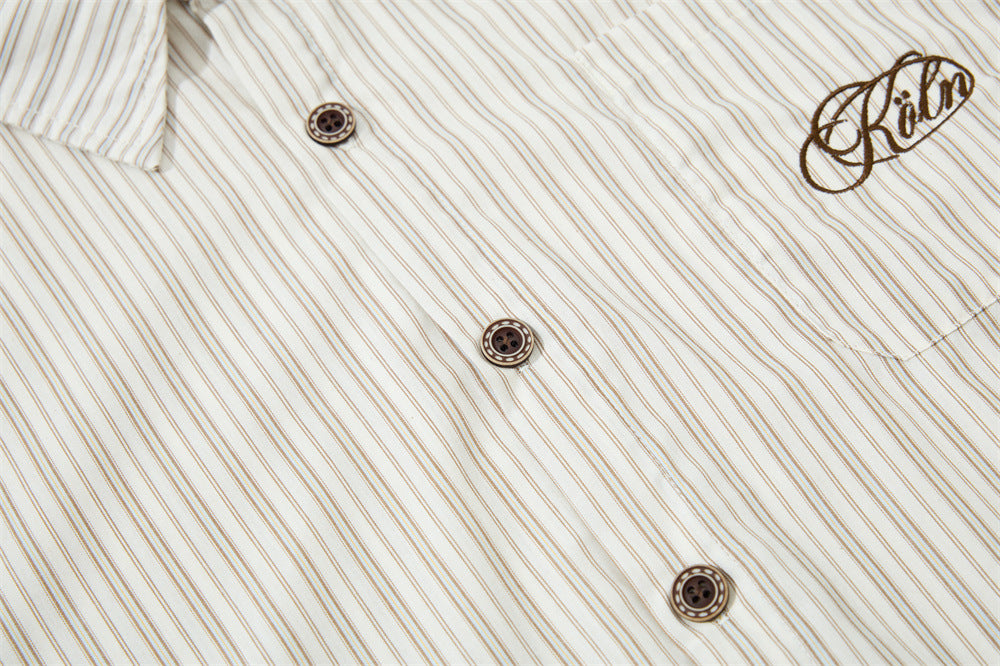 Striped Short Sleeve Shirt – Japanese Loose Fit with Necktie Detail