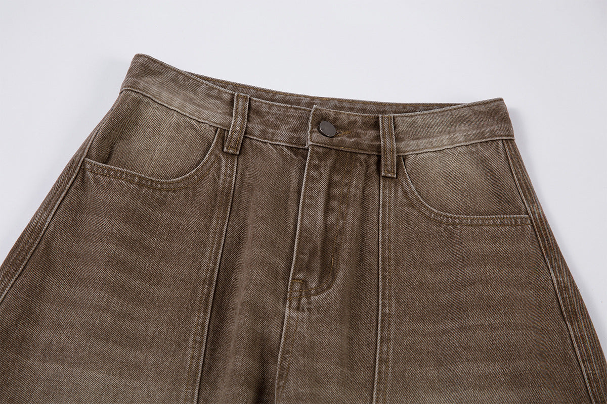 Jean cargo baggy taille haute – Denim marron délavé à jambes larges et coutures courbes