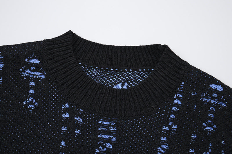 Distressed-Jacquard-Strickpullover mit Rundhalsausschnitt – Oversize-Streetwear