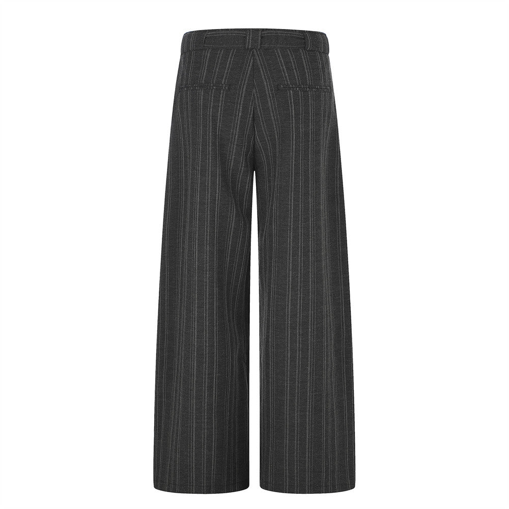 Men's Striped Wide-Leg Trousers with Button Fly and Belt
