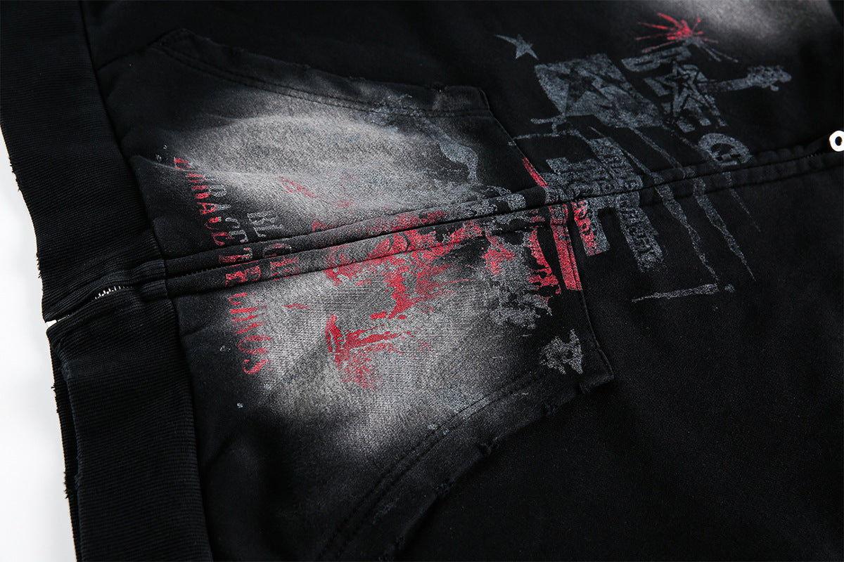 Sweat à capuche zippé délavé – Graphique vintage usé, style street américain