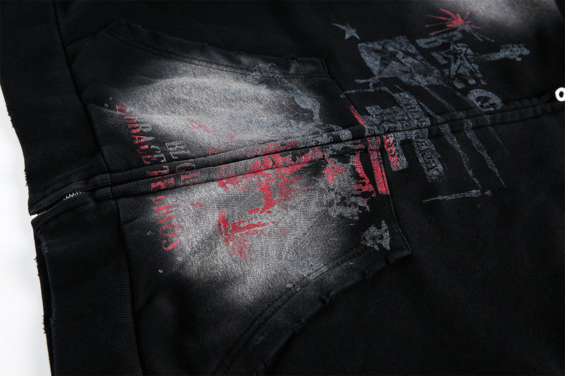 Sweat à capuche zippé délavé – Graphique vintage usé, style street américain