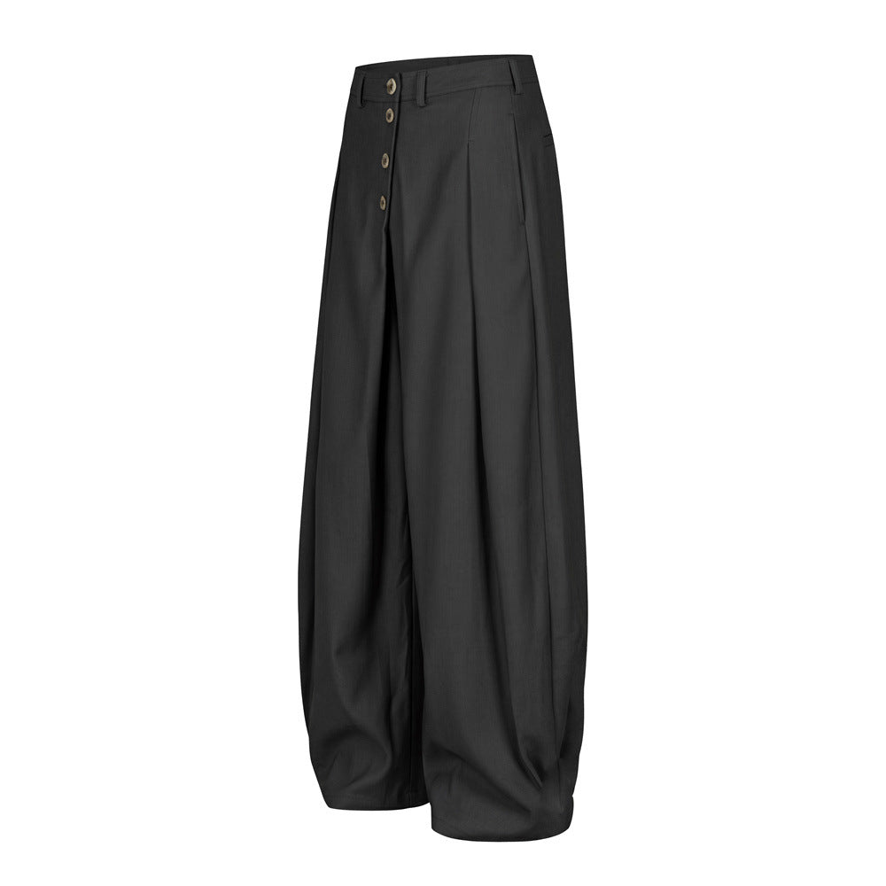 Wide-Leg Pleated Trousers – Diagonal Button Fly, Relaxed Silhouette
