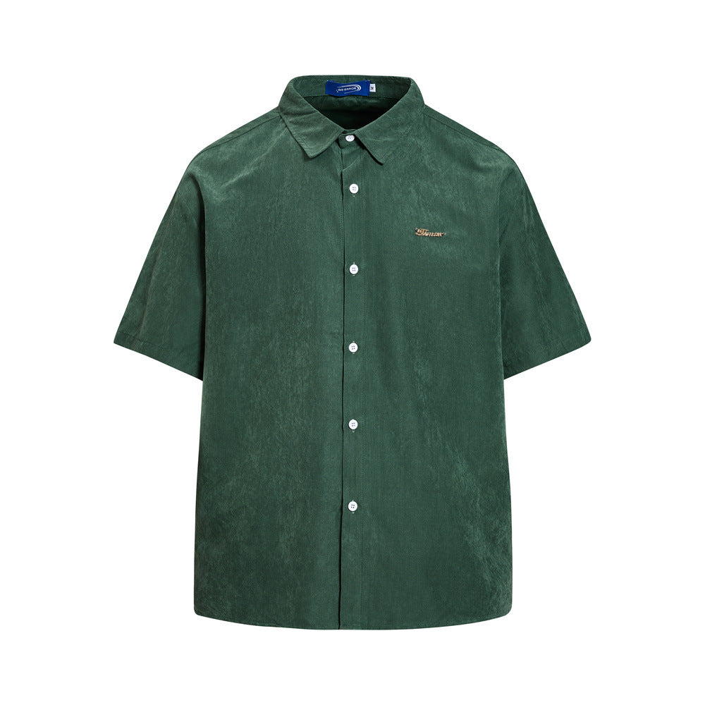 Men's Oversized Short Sleeve Button-Up Shirt – Casual Solid Suede-Texture