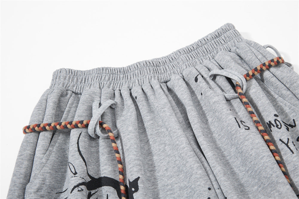 Hand-Drawn Graffiti Cargo Shorts – Wide Leg Streetwear with Rope Drawstring
