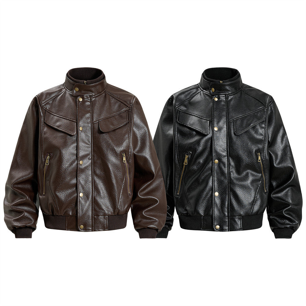 Men's Vintage Leather Bomber Jacket – Stand Collar PU Leather with Snap Buttons