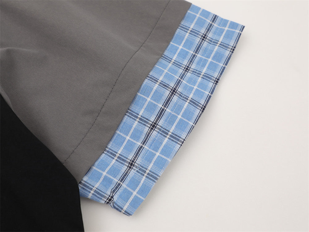 Colorblock Raglan Short Sleeve Shirt with Plaid Collar