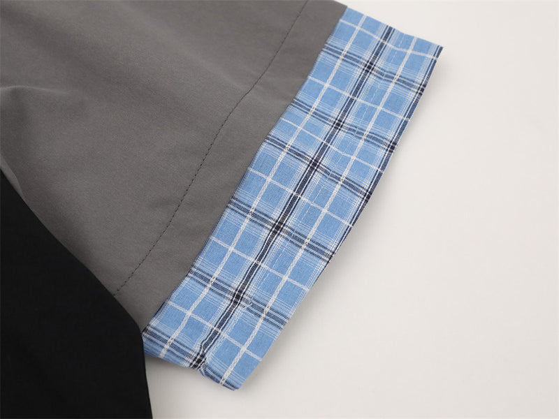 Colorblock Raglan Short Sleeve Shirt with Plaid Collar