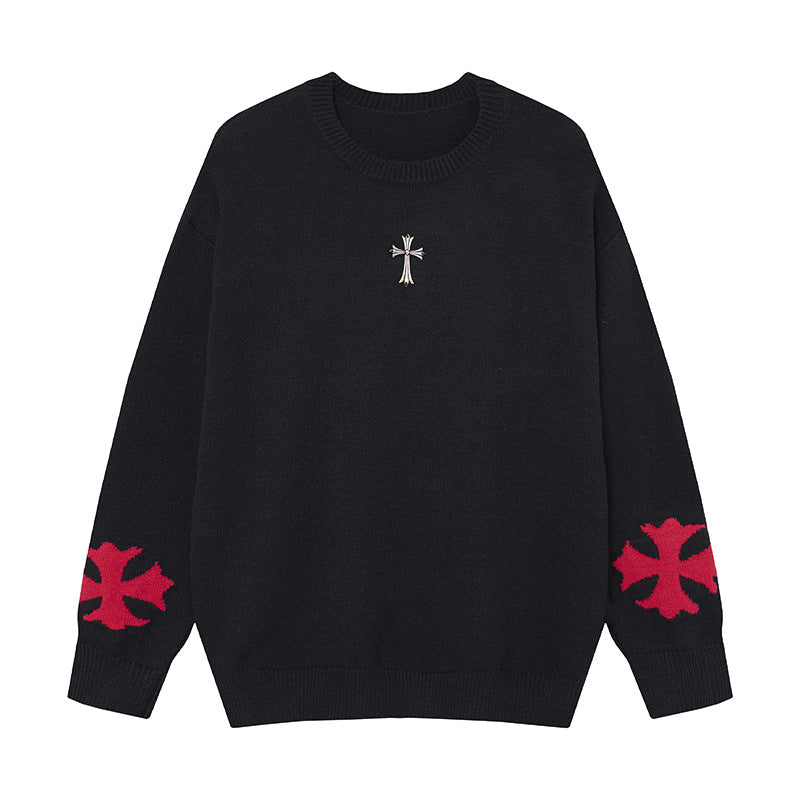 Oversized Gothic-Strickpullover für Herren mit Rundhalsausschnitt und Jacquard-Kreuzmuster in Schwarz, vorderes Kreuzabzeichen und rote Ärmelpartien