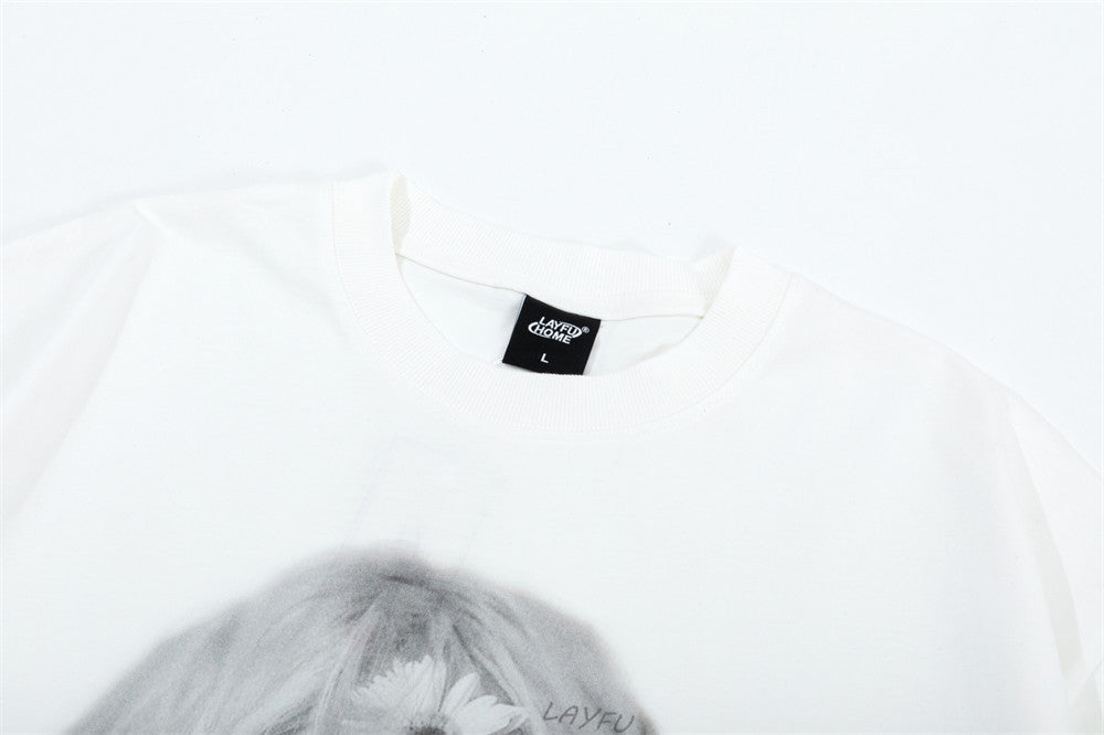 Oversized Portrait Graphic Tee – Washed Cotton Crew Neck Short Sleeve T-Shirt