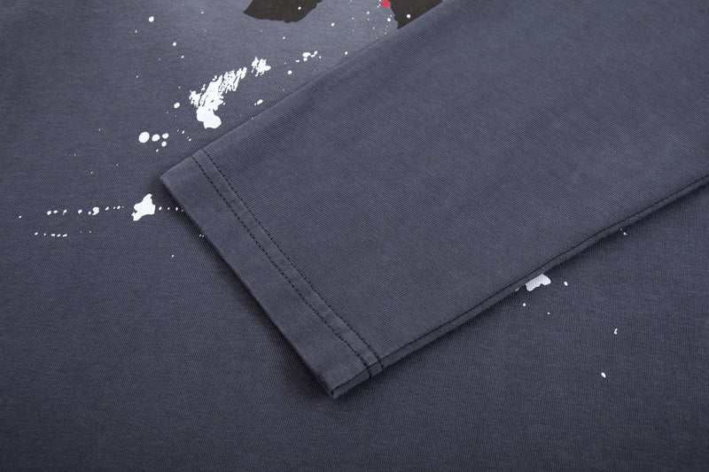T-shirt gris à manches longues – Imprimé graffiti vintage délavé streetwear à col rond