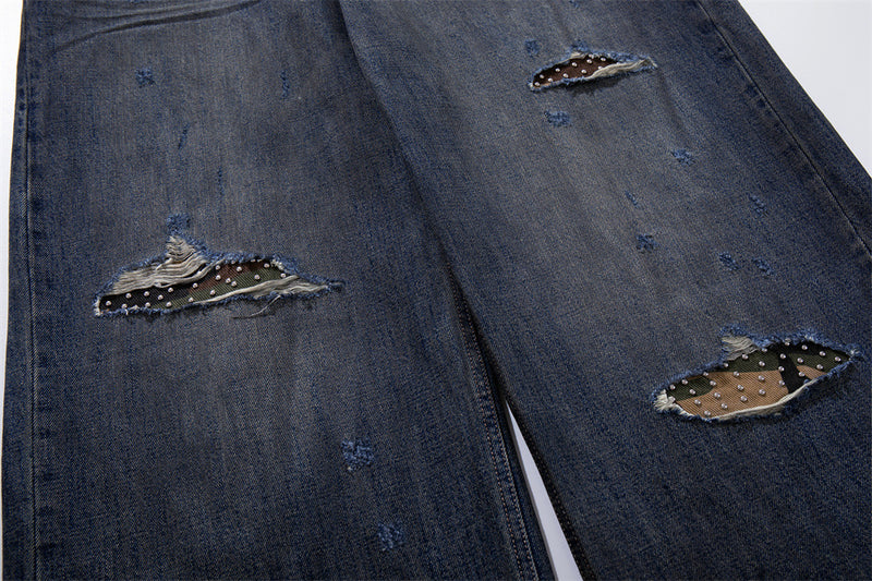Wide-Leg Ripped Jeans – Vintage Washed Distressed Denim with Studded Patches