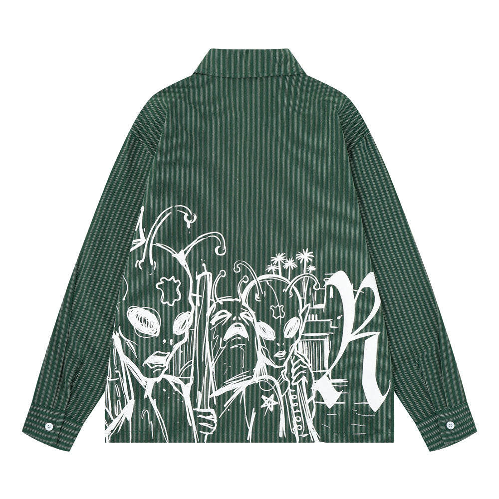 Red and White Striped Long Sleeve Shirt with Gothic Change Print & Graffiti Back