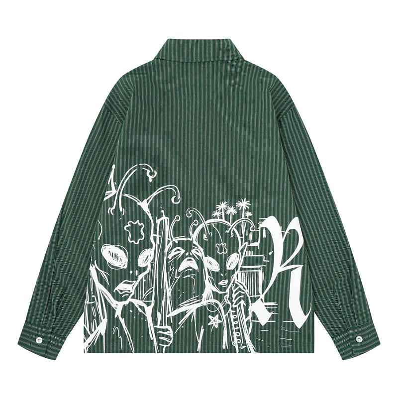Red and White Striped Long Sleeve Shirt with Gothic Change Print & Graffiti Back