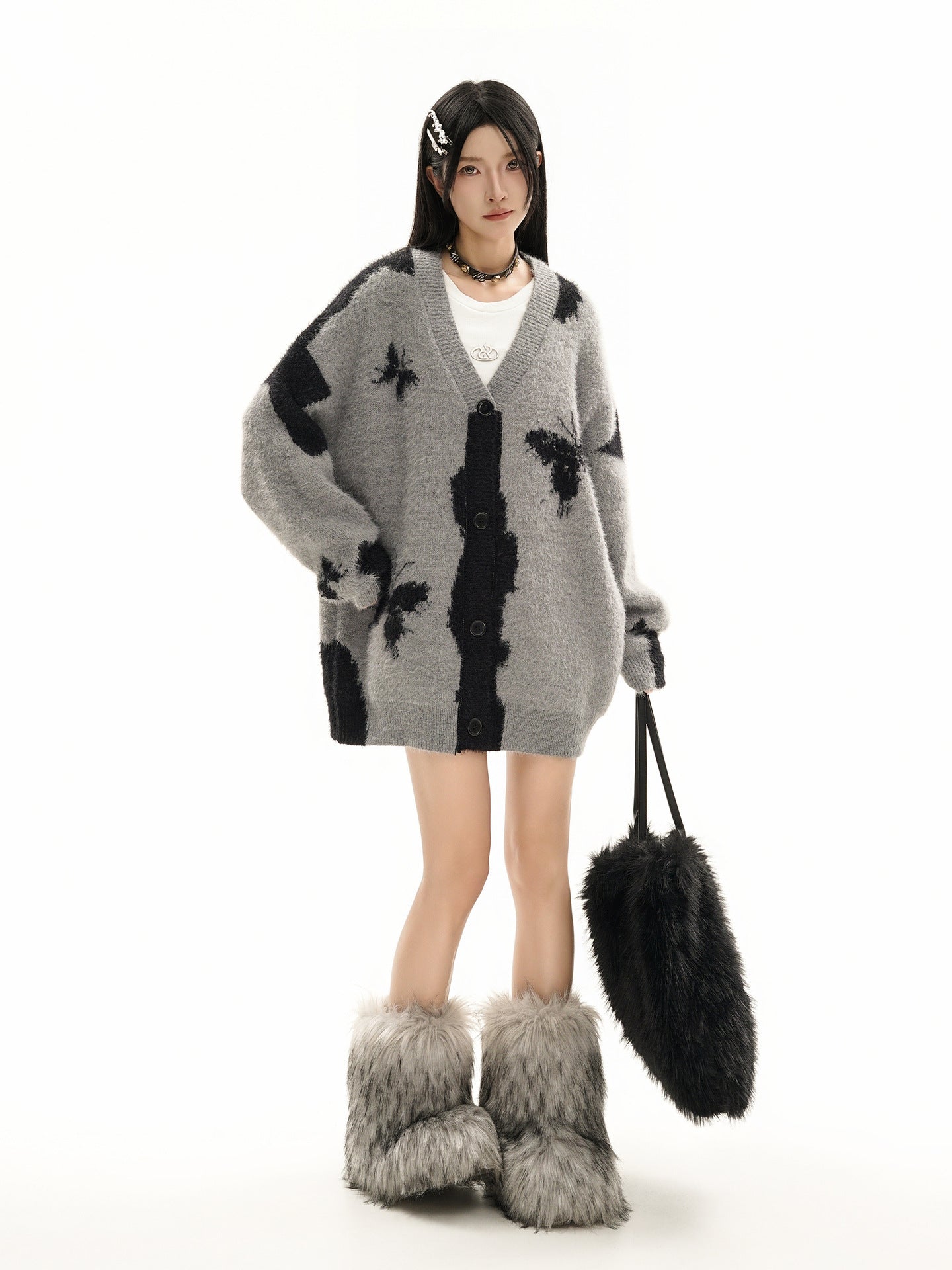 Gilet cardigan en maille jacquard papillon – Col V oversize, maille couple