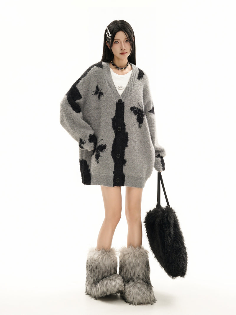 Gilet cardigan en maille jacquard papillon – Col V oversize, maille couple