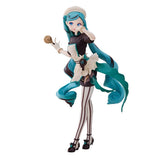 The Hatsune Miku Black Chocolate Pastry Chef 21cm PVC Figure portrays her as a delightful pastry chef with long turquoise hair and a maid costume, featuring a brown dress, white apron, striped stockings, high heels, and whisk—an exquisite anime collectible for fans.