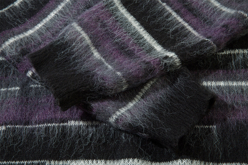 Striped Fuzzy Knit Crew Neck Sweater – Relaxed Fit Mohair-Style Pullover
