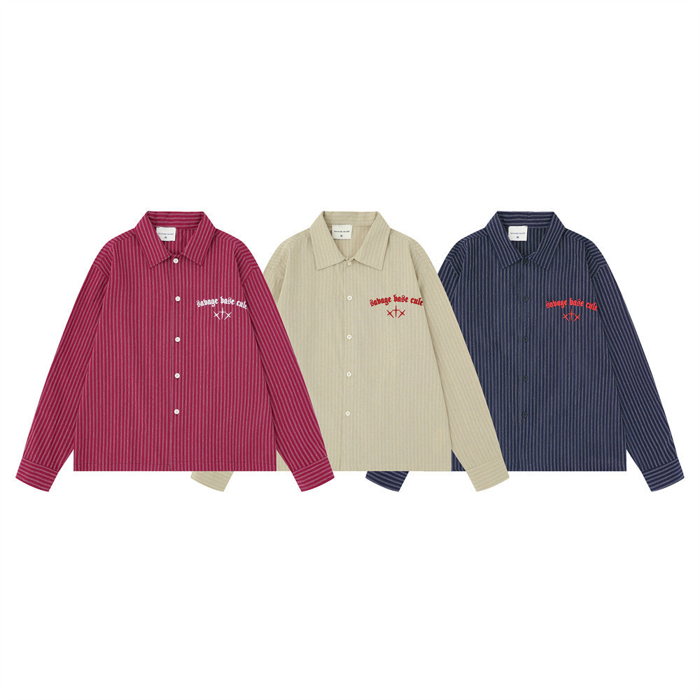 Striped Long Sleeve Shirt – Gothic Letter Embroidery, Relaxed Fit