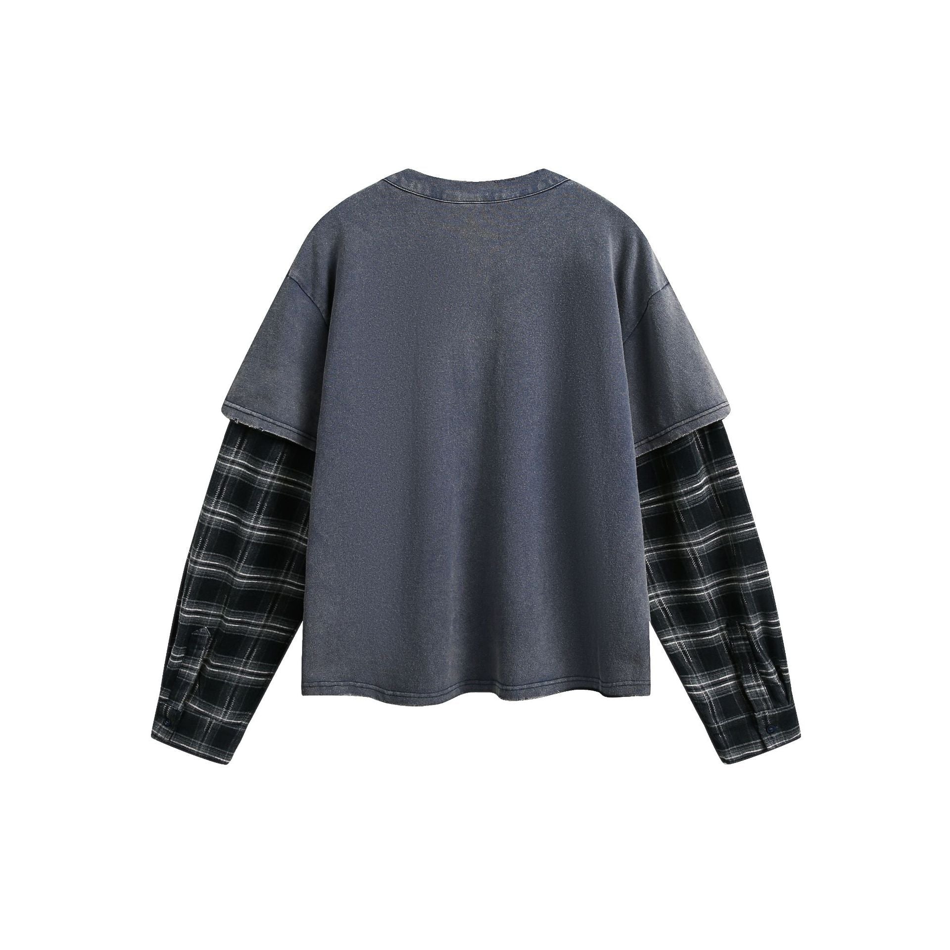 T-shirt Henley manches longues à effet superposé, à carreaux et délavé – Chemise streetwear oversize