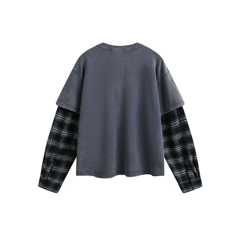 T-shirt Henley manches longues à effet superposé, à carreaux et délavé – Chemise streetwear oversize