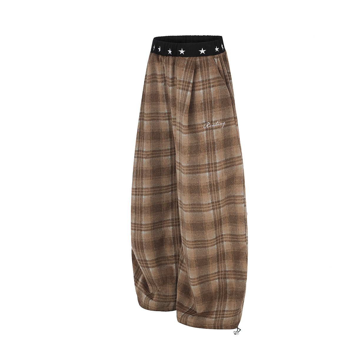 Plaid Wide-Leg Pants with Star Waistband – Oversized Retro Streetwear Trousers