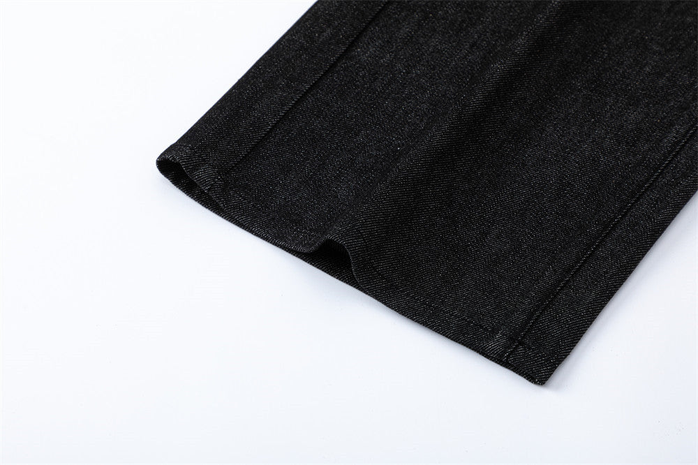 Men's Black Wide-Leg Jeans with Double-Breasted Buttons & Braided Detail