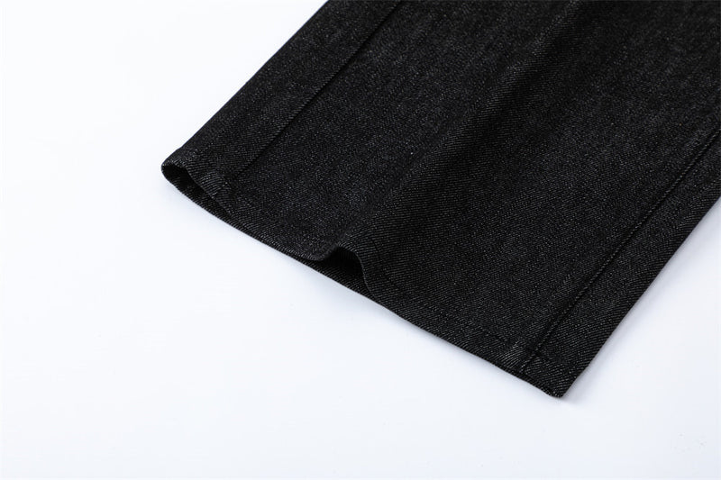 Men's Black Wide-Leg Jeans with Double-Breasted Buttons & Braided Detail