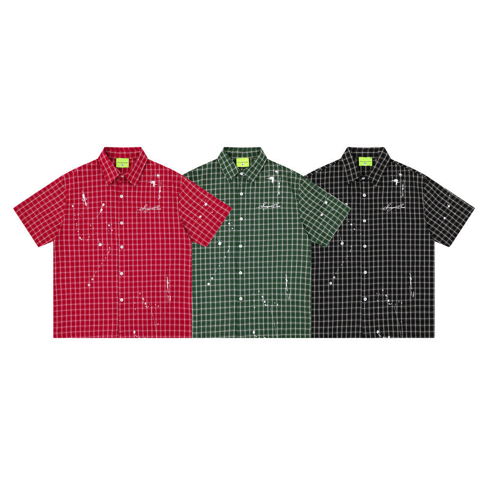 Paint Splatter Plaid Short Sleeve Shirt – Relaxed Fit Street Style