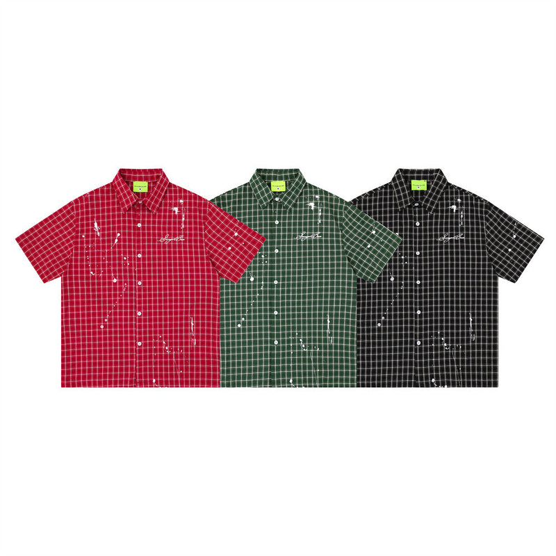 Paint Splatter Plaid Short Sleeve Shirt – Relaxed Fit Street Style