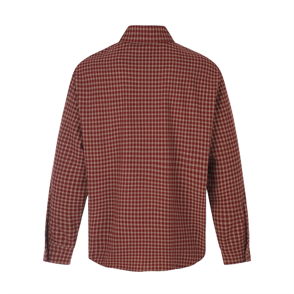 Men's Plaid Flannel Oversized Button-Down Shirt with Embroidered Pocket Patch