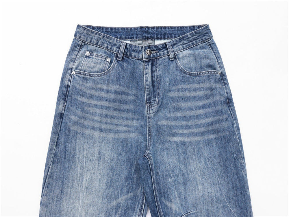 Wide-Leg Baggy Jeans – Washed Blue Curved Seam Design with Contrast Pocket