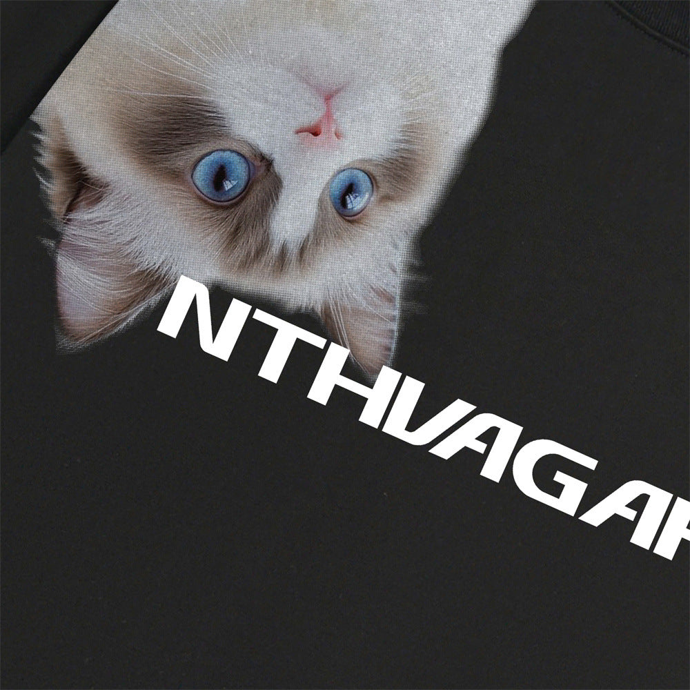 Langarmshirt mit Rundhalsausschnitt und 3D-Katzengrafik-Druck – Lässige Passform