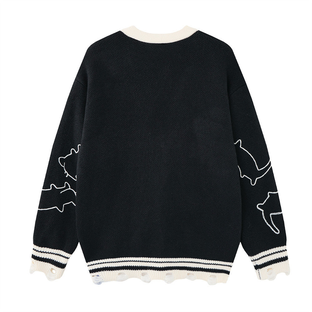 Gilet cardigan en maille motif contour de chat – Col V oversize boutonné avec finition effilochée