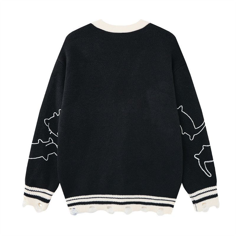 Gilet cardigan en maille motif contour de chat – Col V oversize boutonné avec finition effilochée