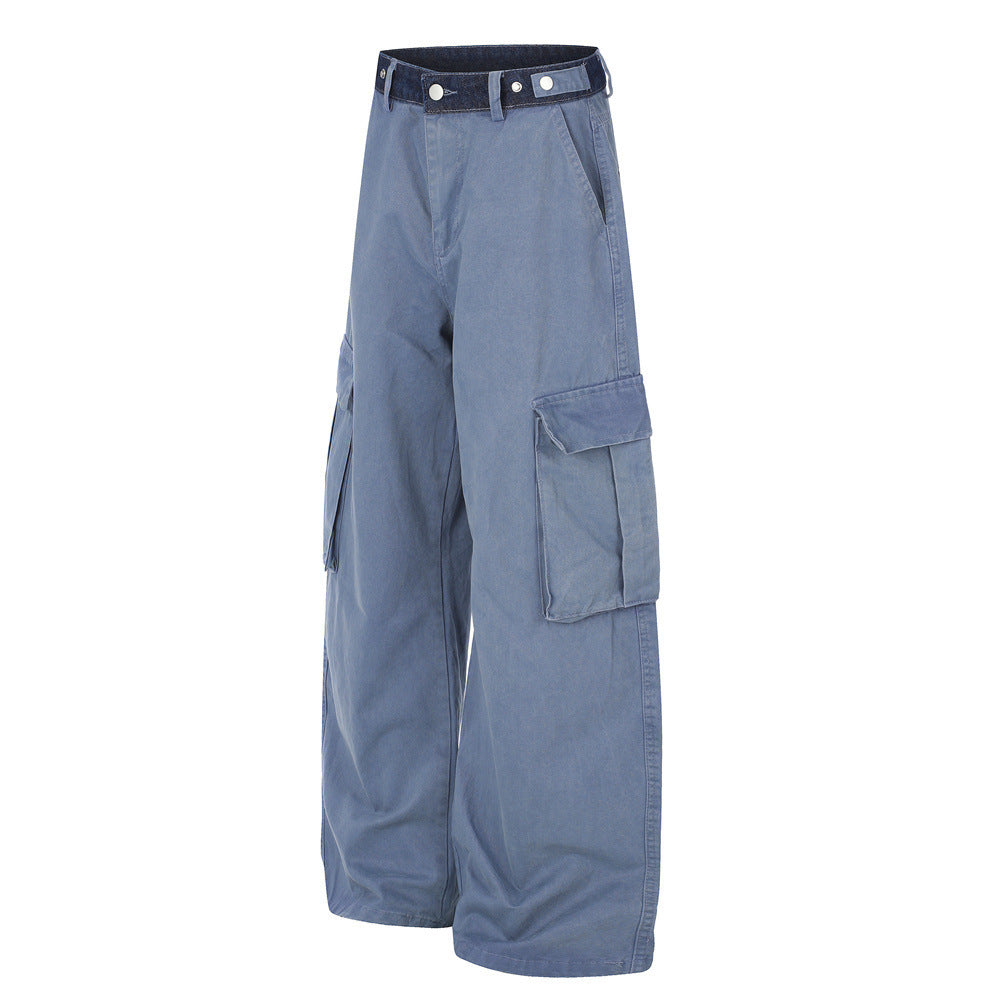 Herren-Cargohose in Khaki mit weitem, geradem Bein und kontrastierendem Denim-Bund
