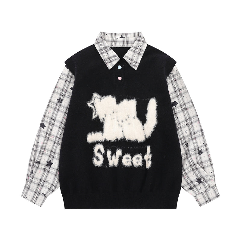 Sweet Cat Fuzzy Knit Sweater with Plaid Shirt Layered Pullover