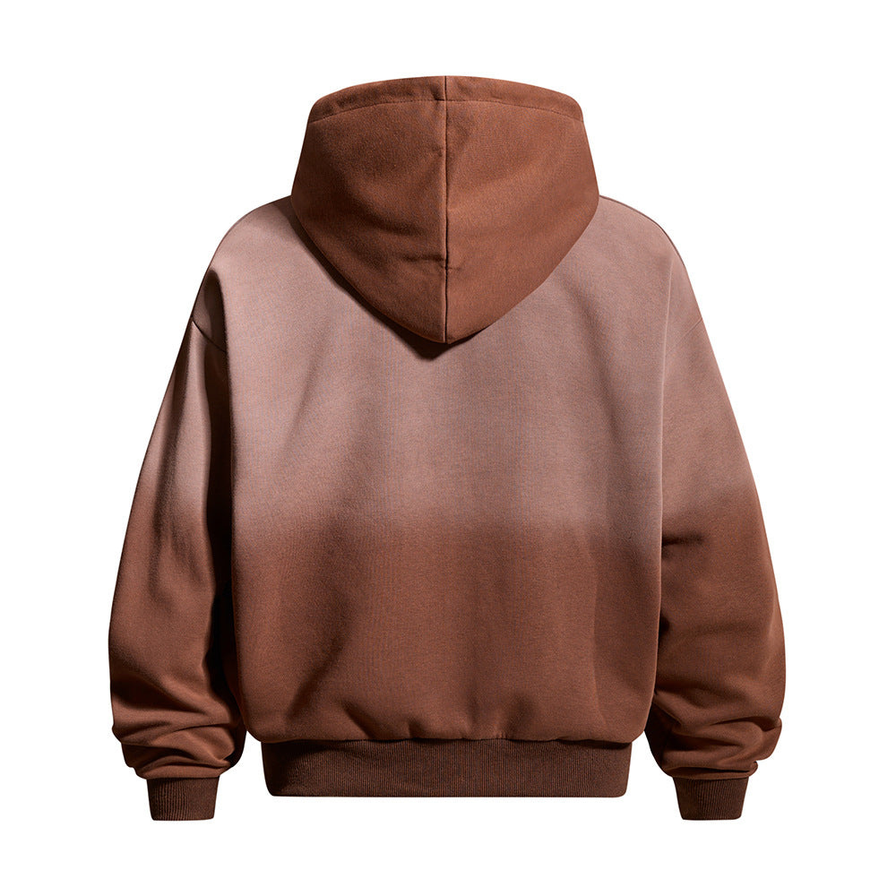 Vintage Graphic Zip-Up Hoodie – Distressed Letter Print, Spray-Dyed Oversized