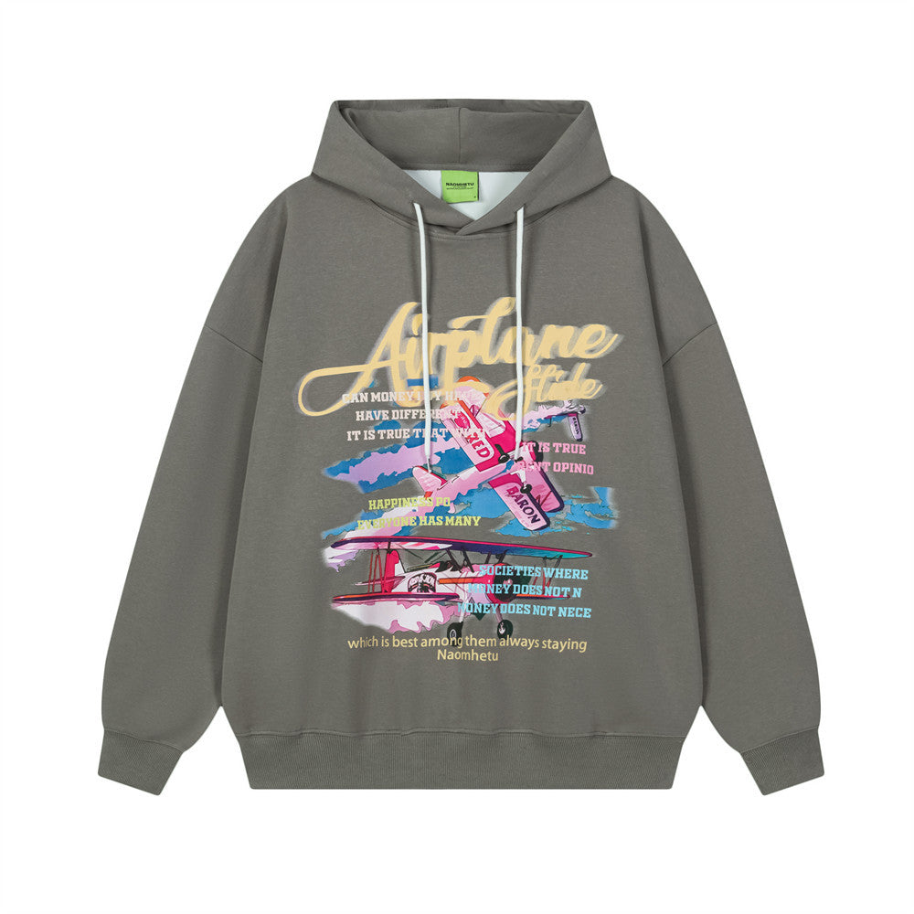 Sudadera con capucha oversize de hombre con estampado gráfico de avión, en blanco y gris carbón