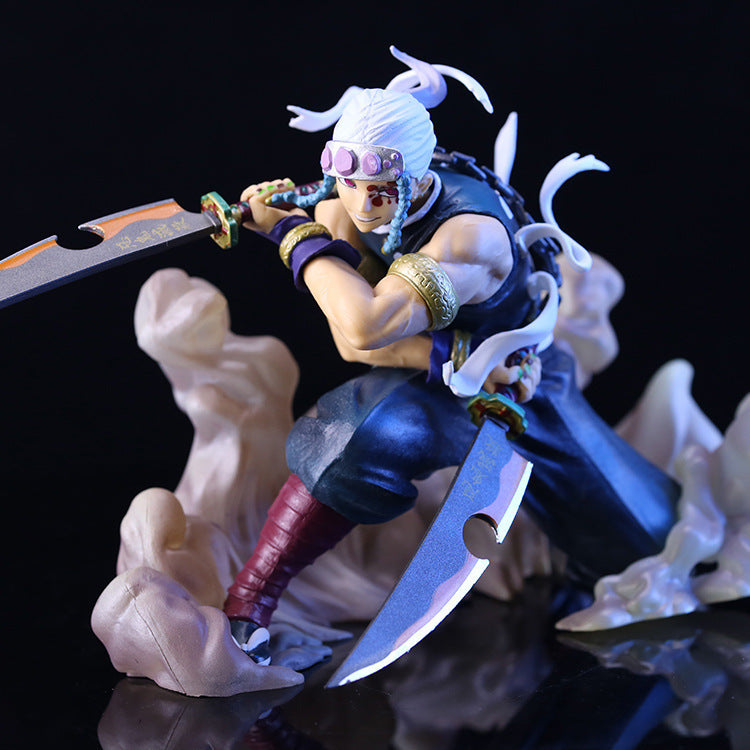 The Uzui Tengen 14CM action figure from Demon Slayer showcases the Sound Pillar in a dynamic pose with dual swords. Featuring white hair, dark attire, and a purple headband against swirling clouds on a black base, it&