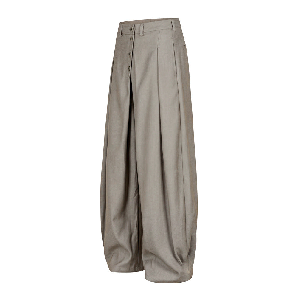 Wide-Leg Pleated Trousers – Diagonal Button Fly, Relaxed Silhouette