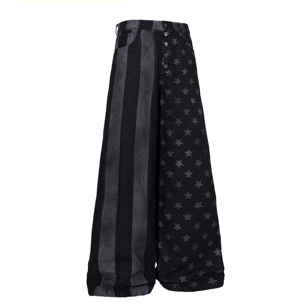 Wide-Leg Jeans with Stars & Stripes Print – Distressed Black Denim