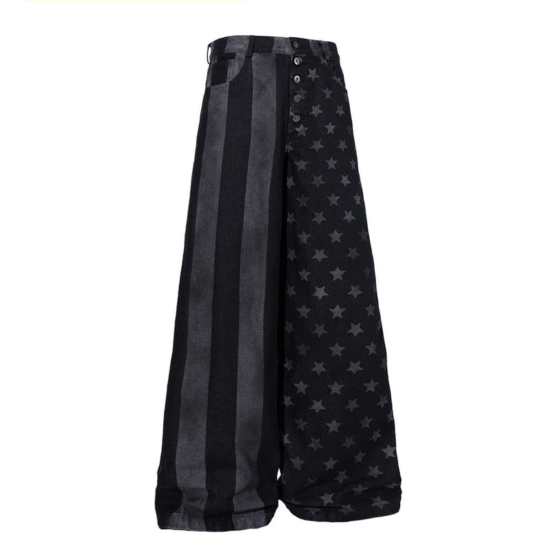 Wide-Leg Jeans with Stars & Stripes Print – Distressed Black Denim