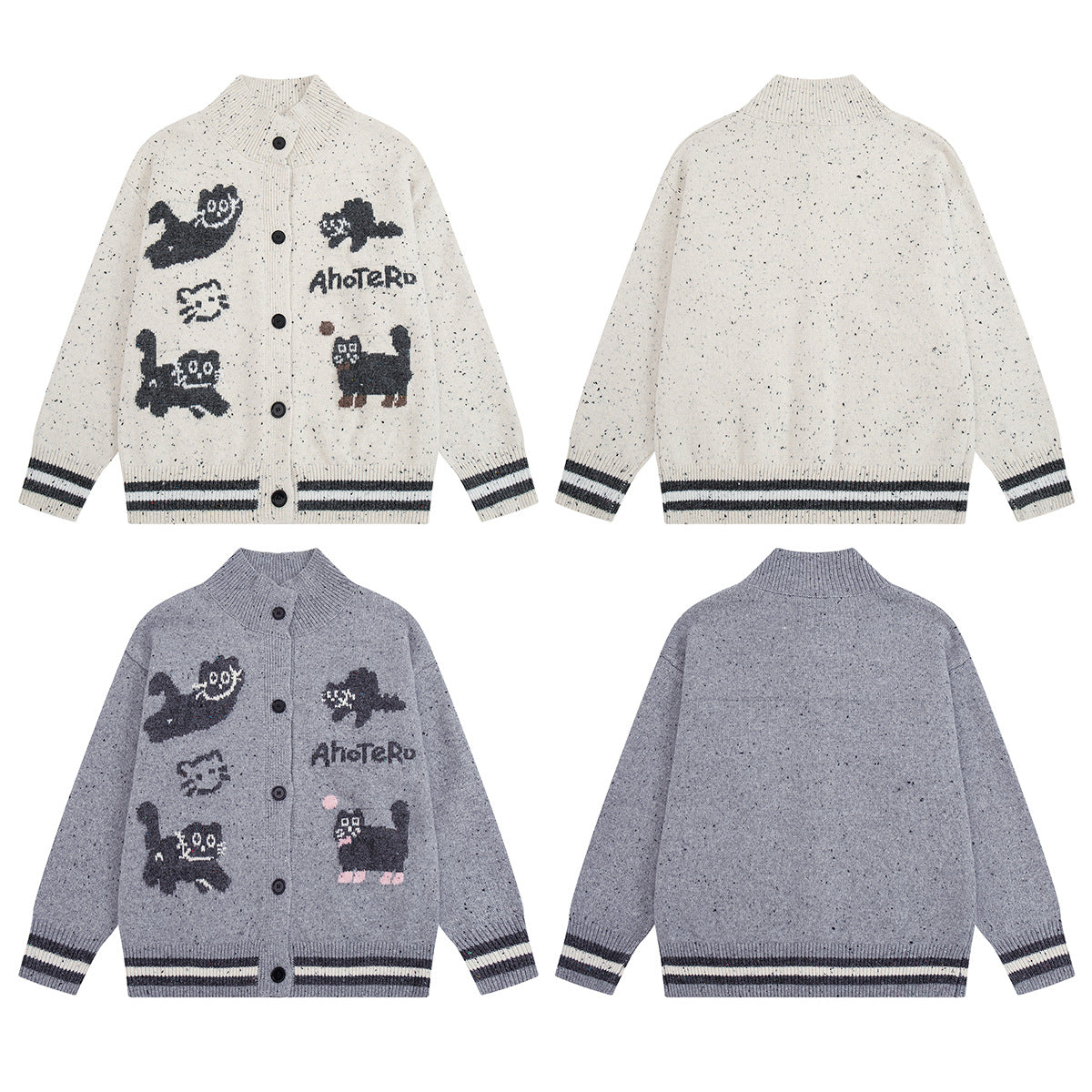 Cartoon Cat Jacquard Knit Cardigan Sweater – Varsity-Trim Button-Up