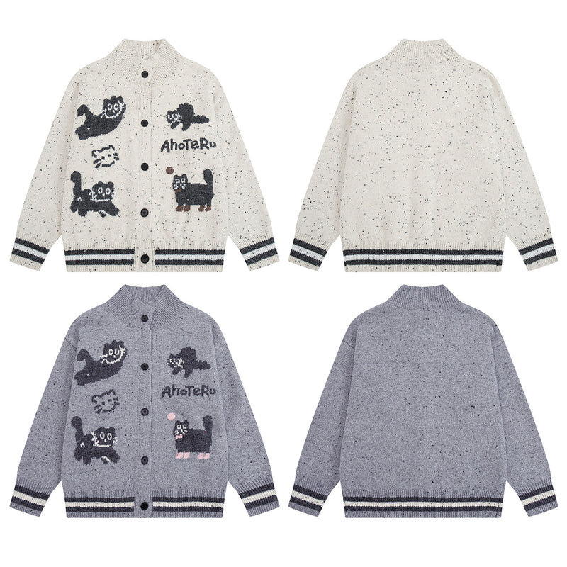 Cartoon Cat Jacquard Knit Cardigan Sweater – Varsity-Trim Button-Up