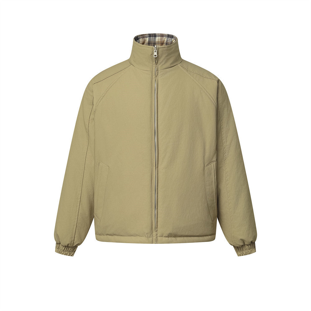 Men's reversible stand-collar padded jacket shown in solid khaki and tartan plaid sides