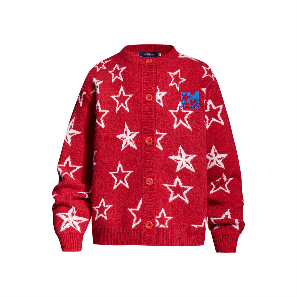 Gilet en maille jacquard à motif étoiles intégral rouge, fermeture boutonnée et écusson logo brodé