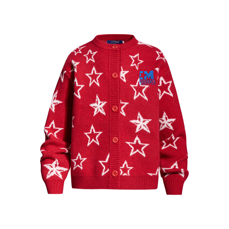 Gilet en maille jacquard à motif étoiles intégral rouge, fermeture boutonnée et écusson logo brodé