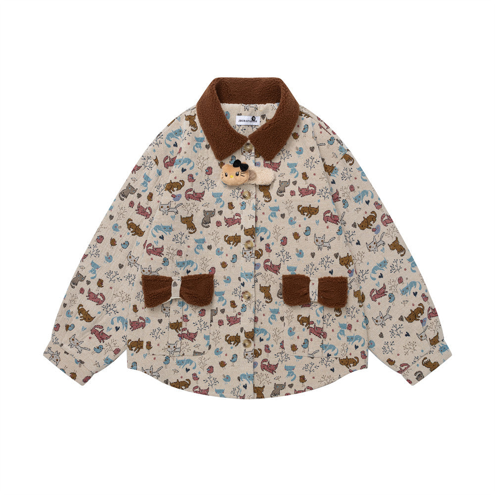 Cartoon Cat Allover Print Jacket with Fleece Collar & 3D Bear Clasp, Relaxed Fit