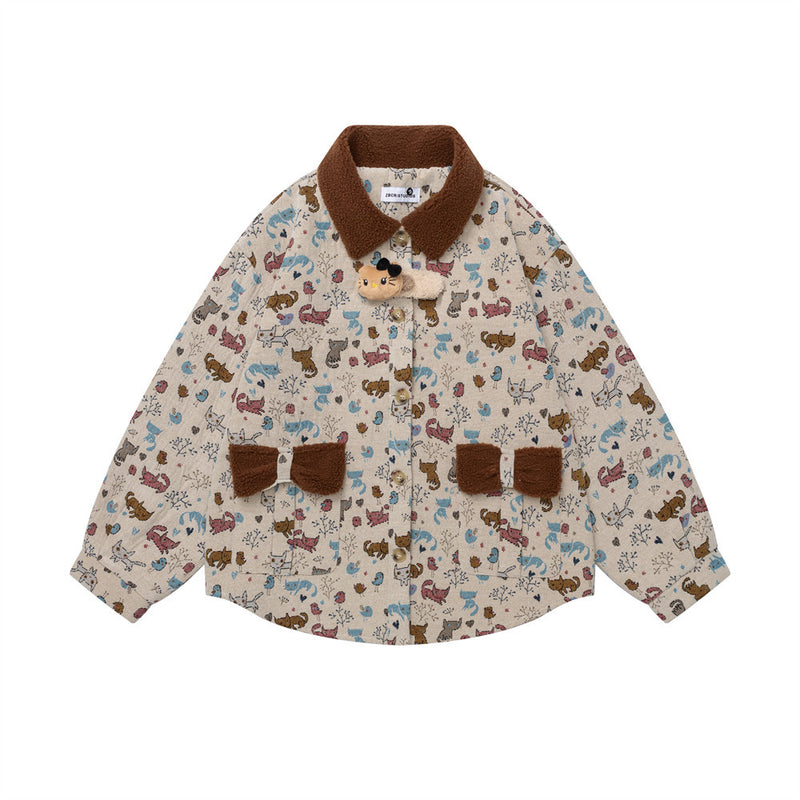 Cartoon Cat Allover Print Jacket with Fleece Collar & 3D Bear Clasp, Relaxed Fit